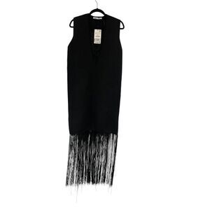 Zara Womens Fringe Midi Dress M Medium Black Sleeveless V-Neck 4192/127 NWT